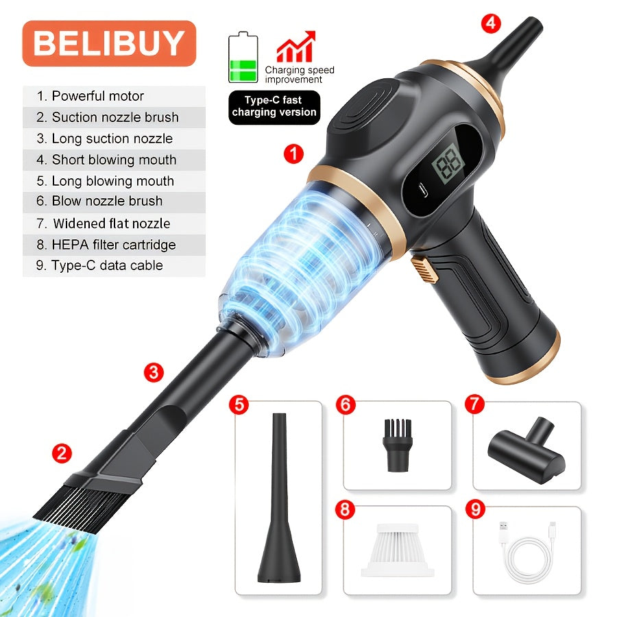 Aspirador de mão de sucção super, função de ecrã digital, aspirador portátil de alta eficiência, soplador, sucção e sopro, equipado com vários utensílios para fendas, adequado para limpeza doméstica, aspiração de pó de chão, limpeza interior de automóveis
