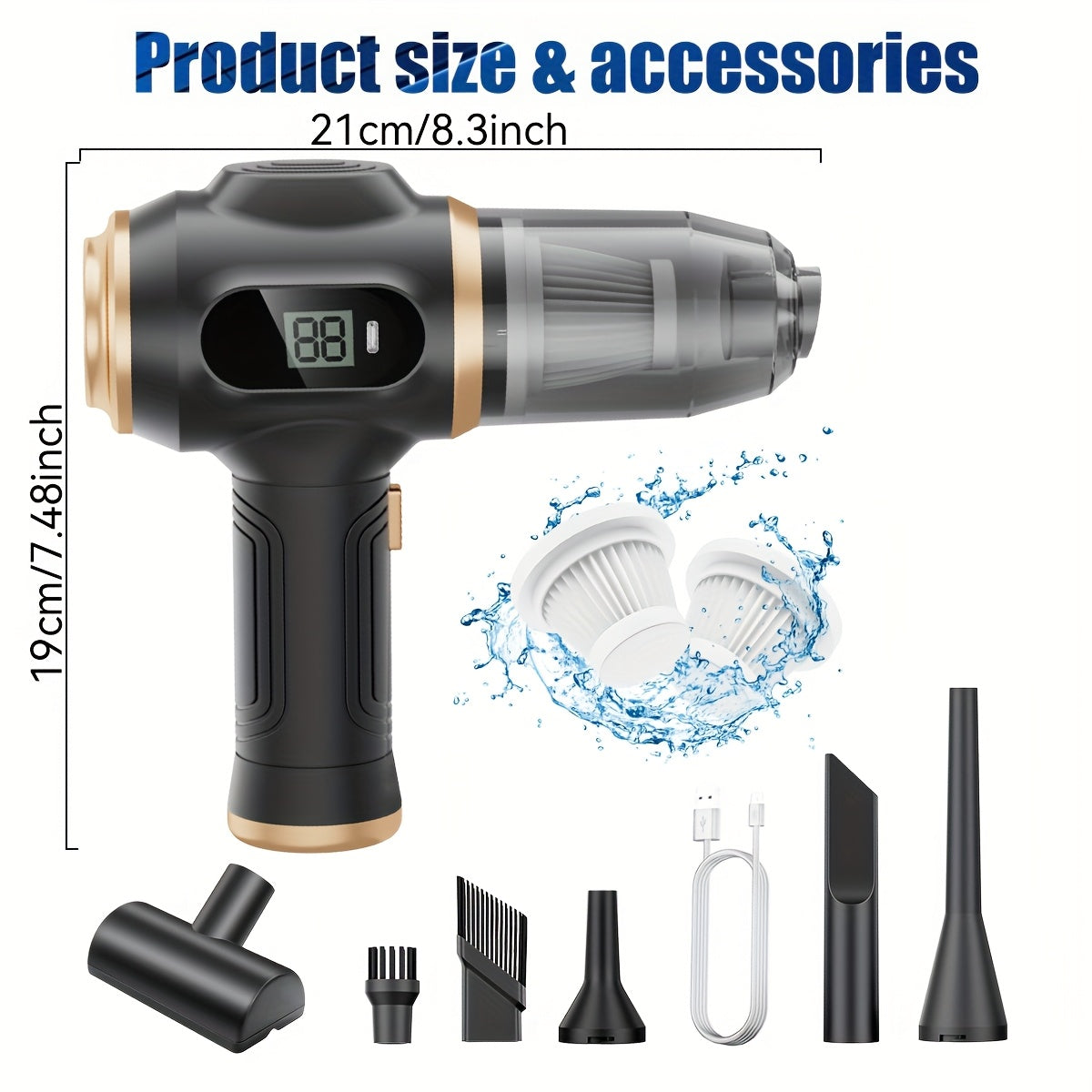 Aspirador de mão de sucção super, função de ecrã digital, aspirador portátil de alta eficiência, soplador, sucção e sopro, equipado com vários utensílios para fendas, adequado para limpeza doméstica, aspiração de pó de chão, limpeza interior de automóveis