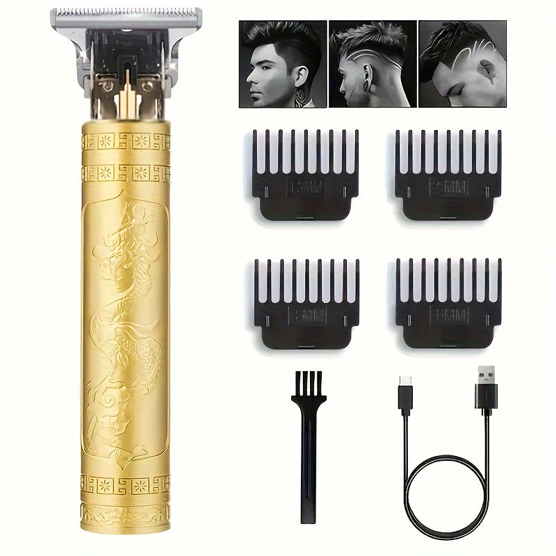 Kit de Cortador de Cabelo e Barba Sem Fio YAIAWISU para Homens - Dourado, Recarregável por USB com Display LCD, Lâmina T Precisa, Inclui Pentes Guia & Acessórios, Bateria de 600mAh, Aparador de Cabelo Recarregável