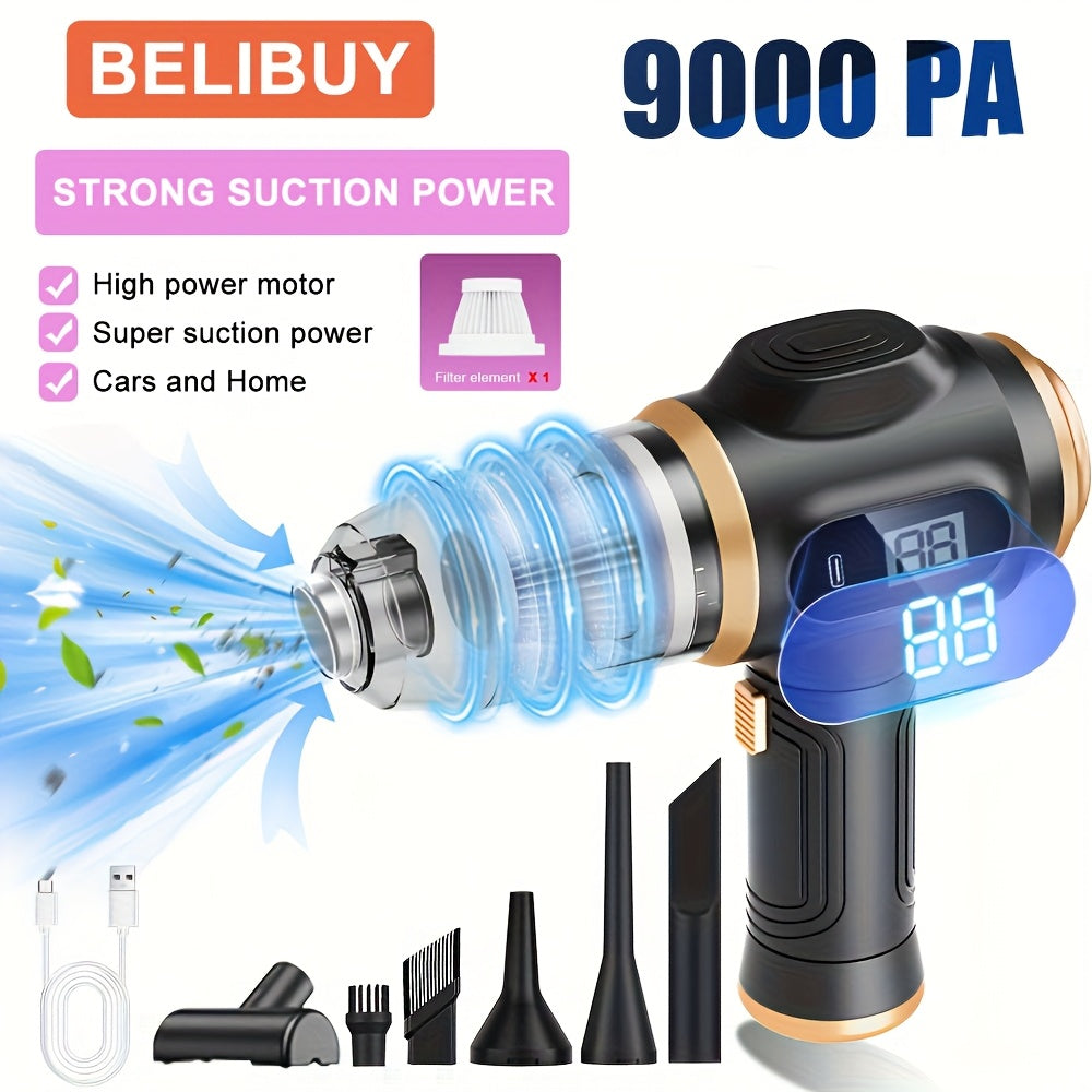 Aspirador de mão de sucção super, função de ecrã digital, aspirador portátil de alta eficiência, soplador, sucção e sopro, equipado com vários utensílios para fendas, adequado para limpeza doméstica, aspiração de pó de chão, limpeza interior de automóveis