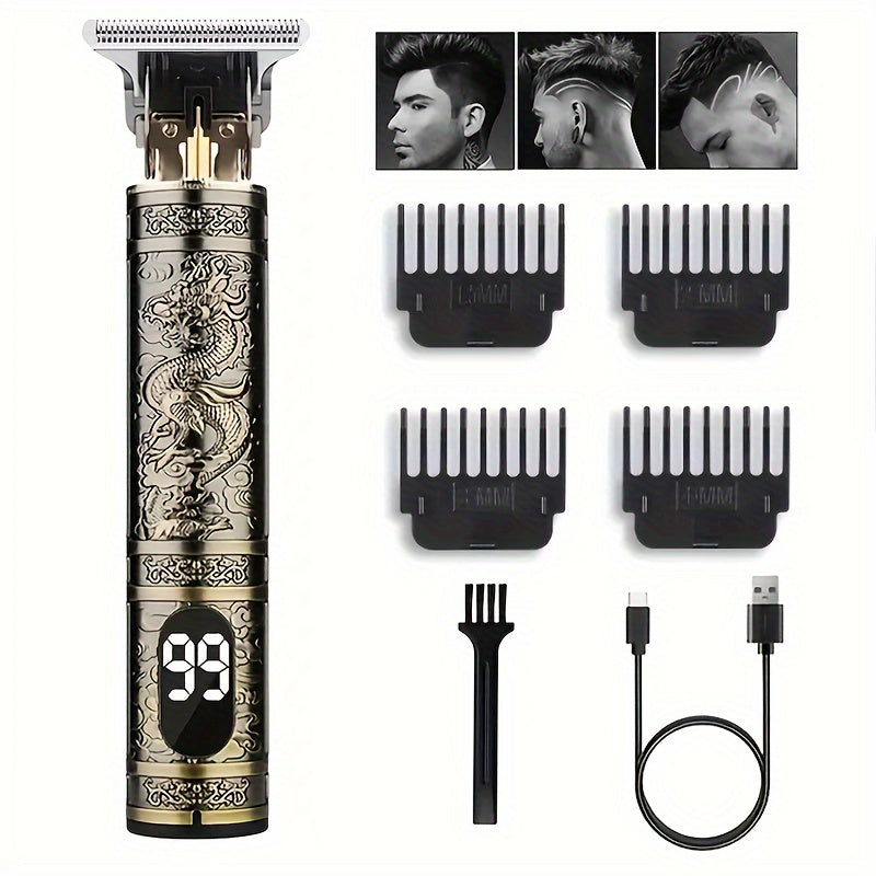 Kit de Cortador de Cabelo e Barba Sem Fio YAIAWISU para Homens - Dourado, Recarregável por USB com Display LCD, Lâmina T Precisa, Inclui Pentes Guia & Acessórios, Bateria de 600mAh, Aparador de Cabelo Recarregável