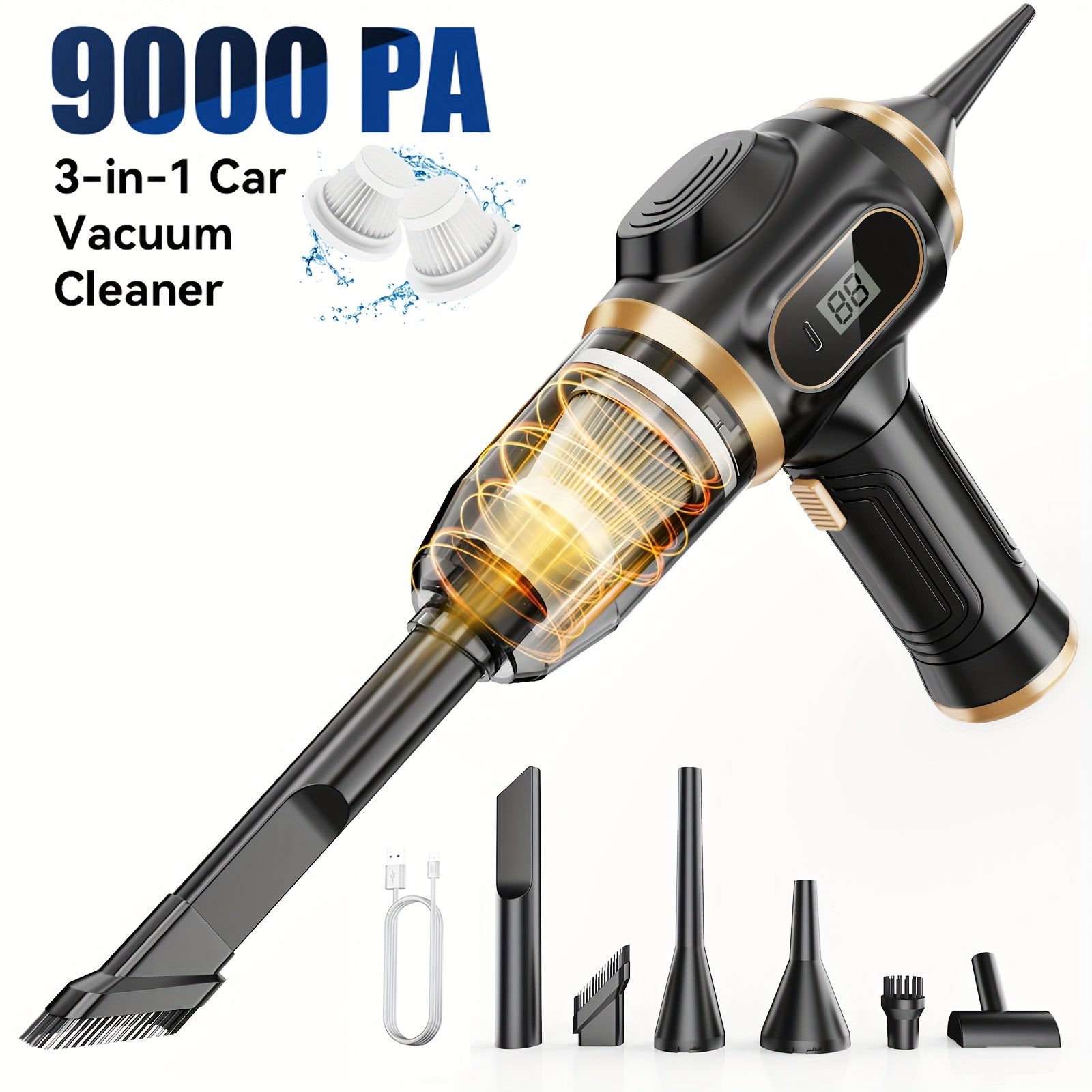 Aspirador de mão de sucção super, função de ecrã digital, aspirador portátil de alta eficiência, soplador, sucção e sopro, equipado com vários utensílios para fendas, adequado para limpeza doméstica, aspiração de pó de chão, limpeza interior de automóveis