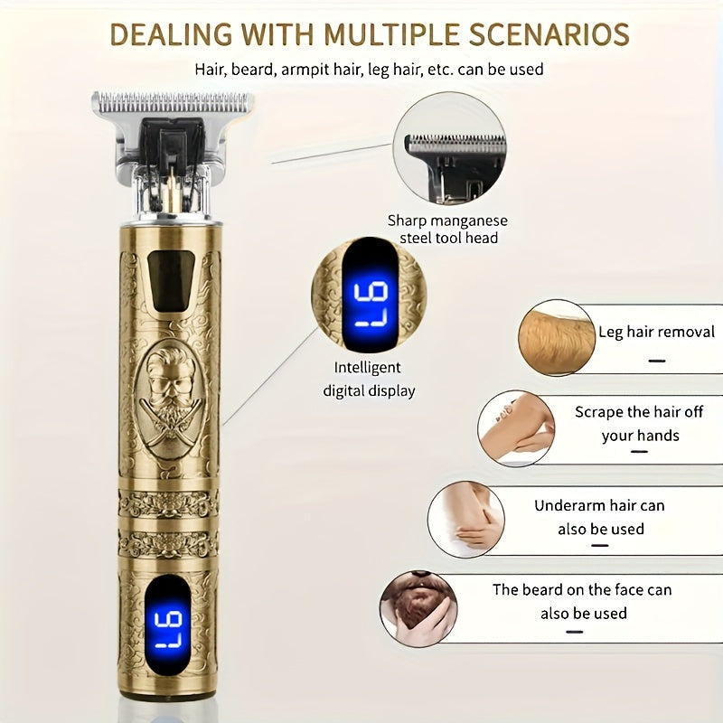 Kit de Cortador de Cabelo e Barba Sem Fio YAIAWISU para Homens - Dourado, Recarregável por USB com Display LCD, Lâmina T Precisa, Inclui Pentes Guia & Acessórios, Bateria de 600mAh, Aparador de Cabelo Recarregável