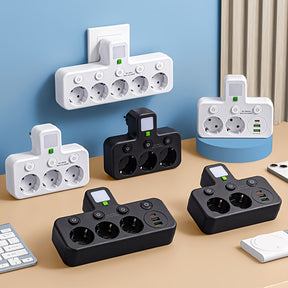 Conversor de tomada EU Plug com 5 saídas, tomada de parede multiporta com interruptor independente e adaptador de luz noturna pequena