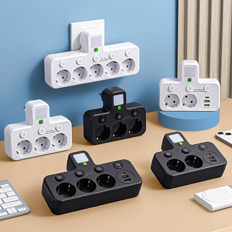 Conversor de tomada EU Plug com 5 saídas, tomada de parede multiporta com interruptor independente e adaptador de luz noturna pequena