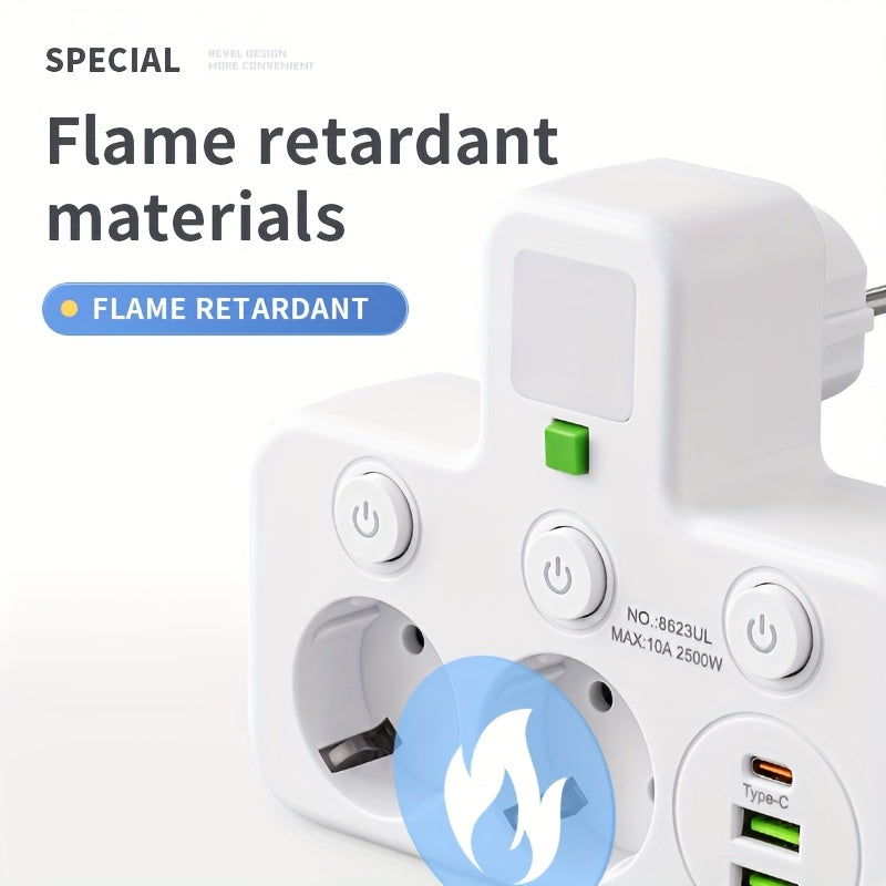 Conversor de tomada EU Plug com 5 saídas, tomada de parede multiporta com interruptor independente e adaptador de luz noturna pequena