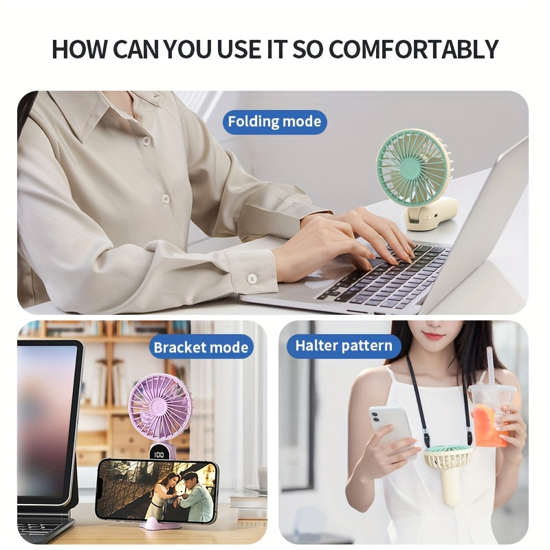 Mini Ventilador USB Portátil com 6 Velocidades e Display Digital - Ventilador Portátil Dobrável 3 em 1 para Viagem, Praia e Uso ao Ar Livre - Bateria de Lítio Recarregável, Essenciais de Viagem | Estética Moderna | Design Compacto, Ventiladores Portáteis