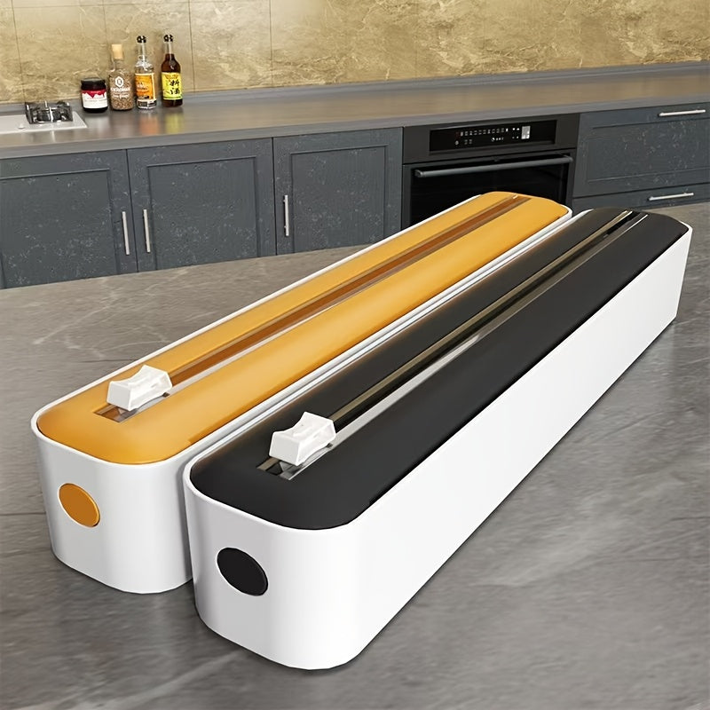 Dispensador e Cortador de Filme Fresco de Ação Dupla - Seladora Multifuncional para Plástico, Papel Alumínio e Folhas de Cera - Máquina de Embalagem Reutilizável com Detalhes em Laranja - Design Elegante Branco e Preto, Ferramenta de Cozinha | Construção