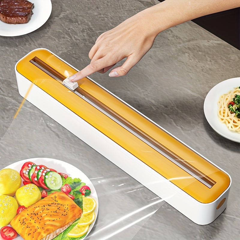 Dispensador e Cortador de Filme Fresco de Ação Dupla - Seladora Multifuncional para Plástico, Papel Alumínio e Folhas de Cera - Máquina de Embalagem Reutilizável com Detalhes em Laranja - Design Elegante Branco e Preto, Ferramenta de Cozinha | Construção