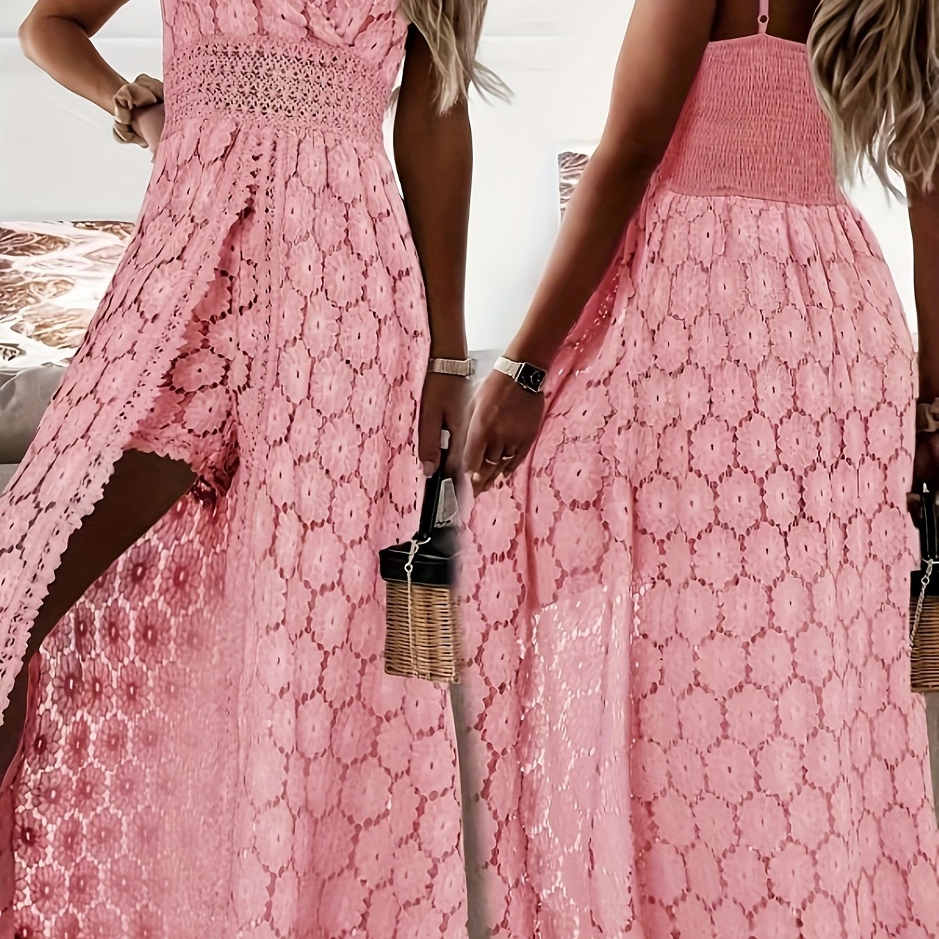 Elegantes overal femininos de renda - Decote em V, comprimento longo, cor sólida, sem mangas, para todas as estações, moda adulta|Elegância em V|Detalhes de renda intricados, vestido de renda
