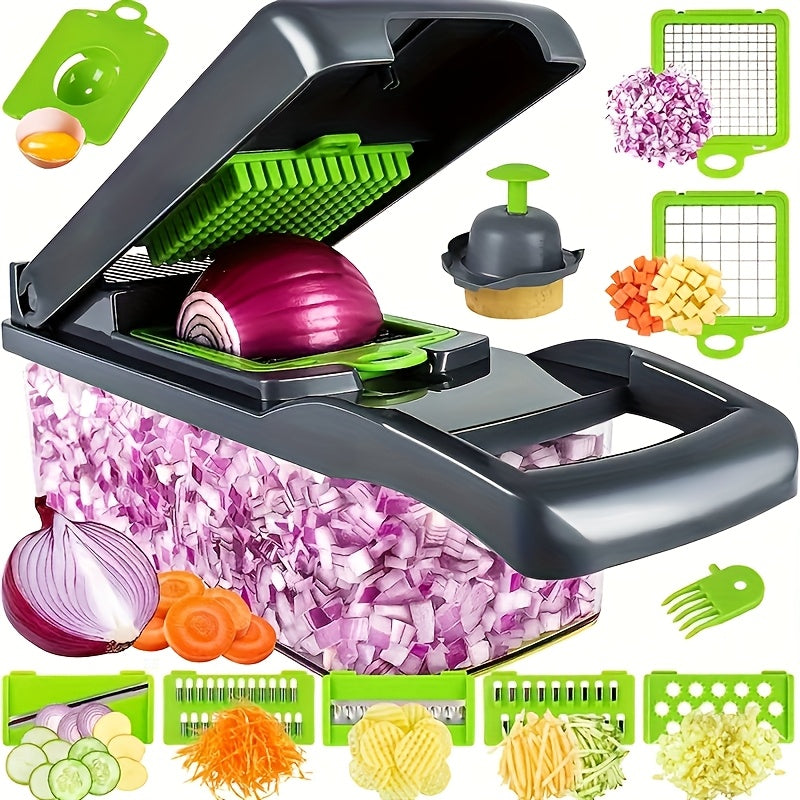 Um conjunto de ferramentas de cozinha multifuncional de 16 peças, incluindo um picador manual de legumes, cortador de frutas, ralador de alimentos, picador de cebola e espremedor de batatas, vem com recipientes, tornando-o perfeito para churrascos e cozin