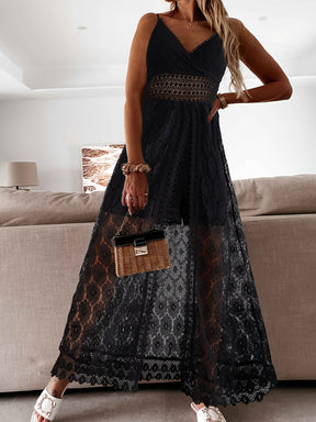 Elegantes overal femininos de renda - Decote em V, comprimento longo, cor sólida, sem mangas, para todas as estações, moda adulta|Elegância em V|Detalhes de renda intricados, vestido de renda