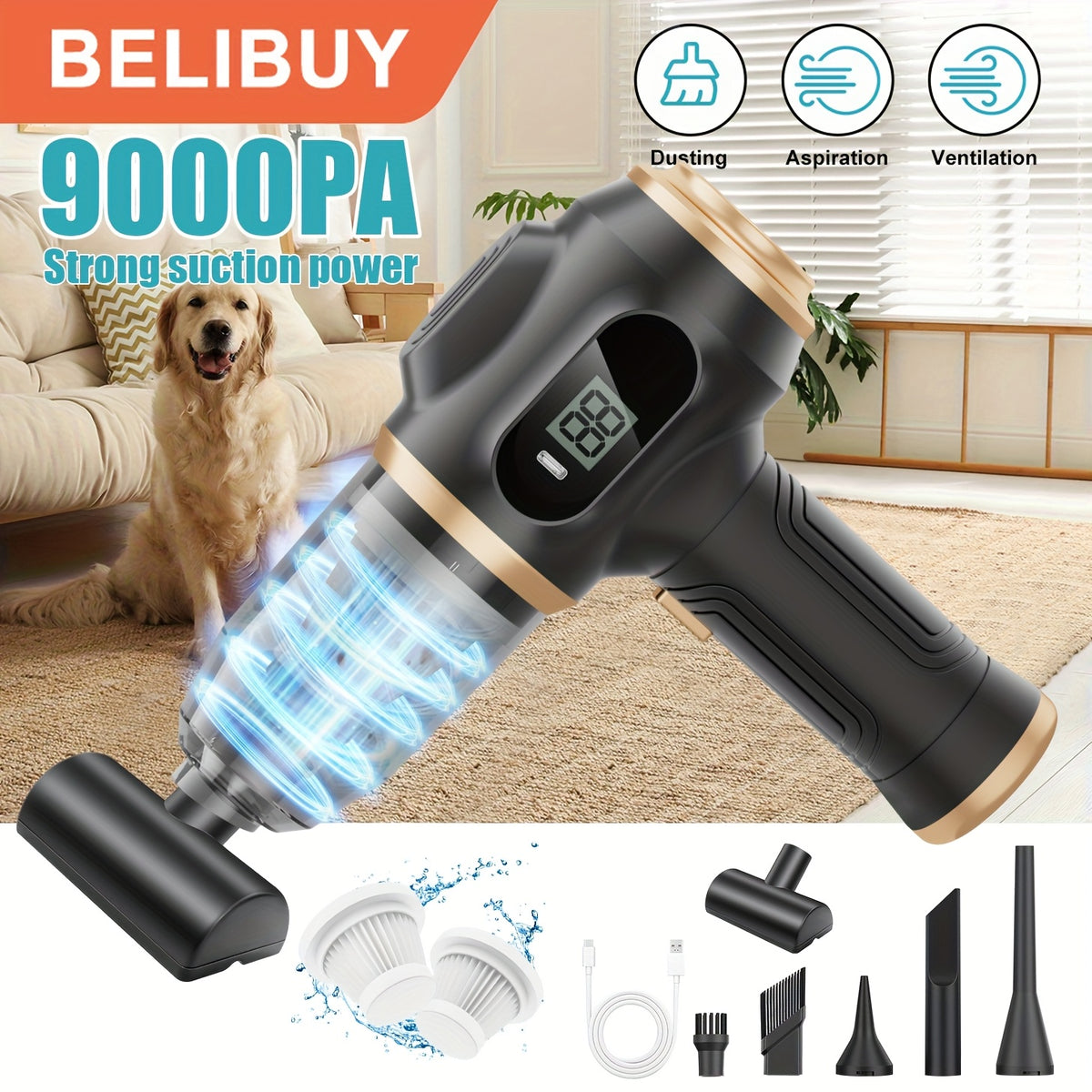 Aspirador de mão de sucção super, função de ecrã digital, aspirador portátil de alta eficiência, soplador, sucção e sopro, equipado com vários utensílios para fendas, adequado para limpeza doméstica, aspiração de pó de chão, limpeza interior de automóveis