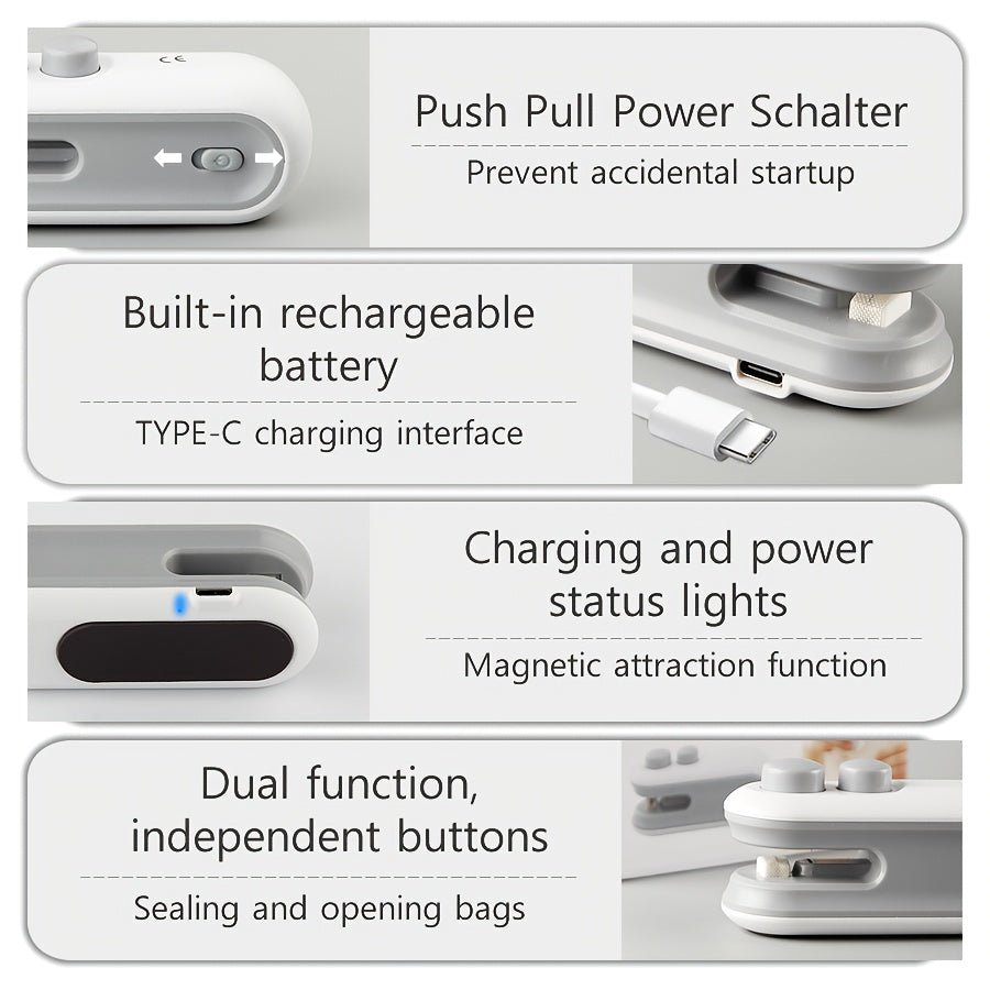 1pc Selador de Sacos de Embalagem de Lanches com Bateria Recarregável USB Magnética Incorporada, Mini Selador Portátil para Piquenique e Viagem, Máquina de Selagem de Plástico Manual, Ferramenta Mágica de Fecho de Sacos, Sacos de Batatas Fritas, Sacos de