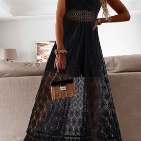 Elegantes overal femininos de renda - Decote em V, comprimento longo, cor sólida, sem mangas, para todas as estações, moda adulta|Elegância em V|Detalhes de renda intricados, vestido de renda
