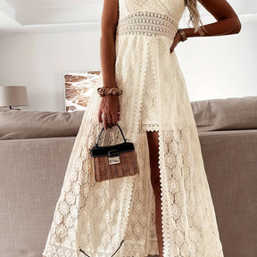 Elegantes overal femininos de renda - Decote em V, comprimento longo, cor sólida, sem mangas, para todas as estações, moda adulta|Elegância em V|Detalhes de renda intricados, vestido de renda