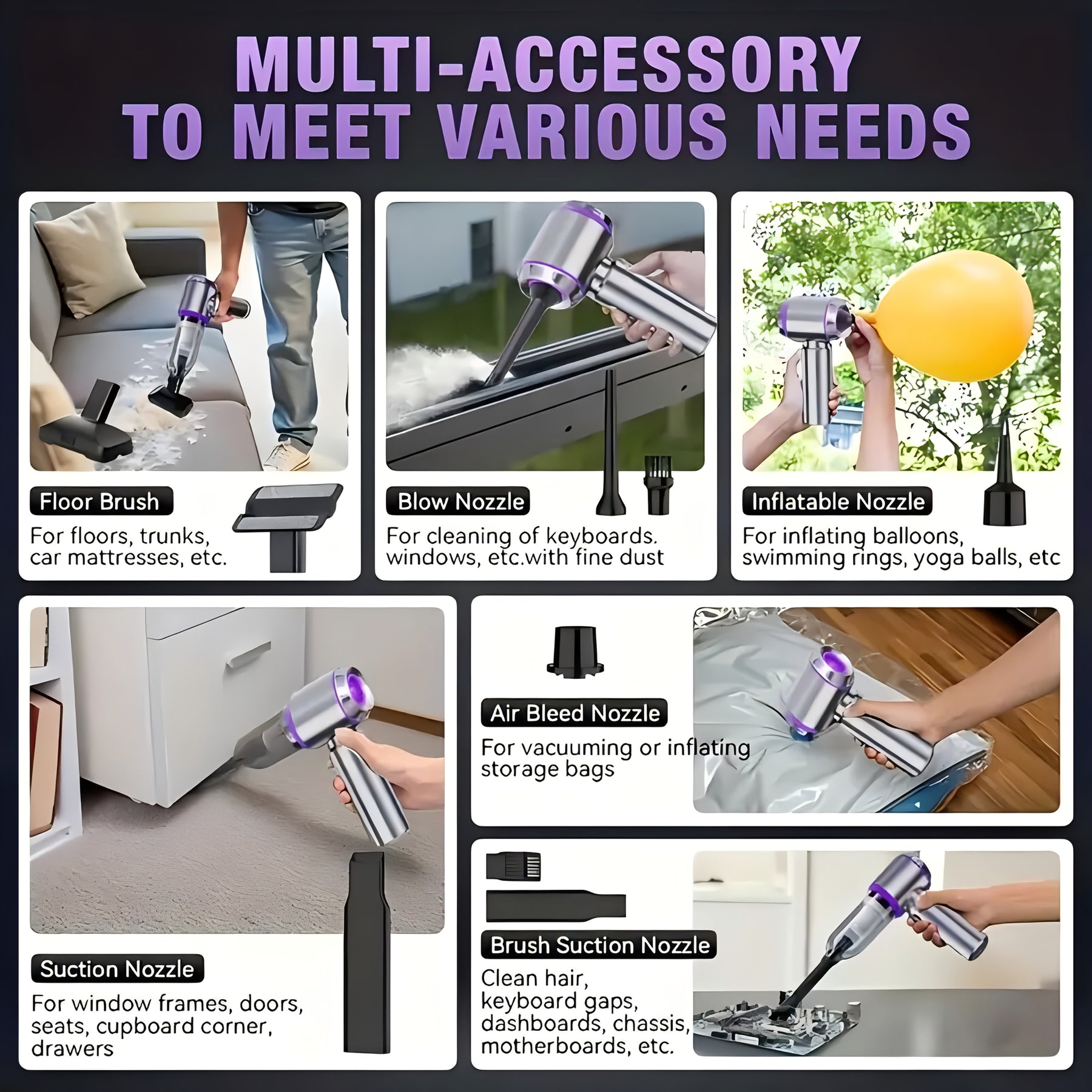 Mini Aspirateur 3-en-1 Sans Fil – Gonflage, Aspiration &amp; Soufflage