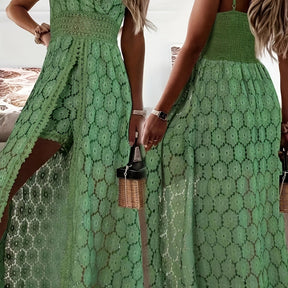 Elegantes overal femininos de renda - Decote em V, comprimento longo, cor sólida, sem mangas, para todas as estações, moda adulta|Elegância em V|Detalhes de renda intricados, vestido de renda