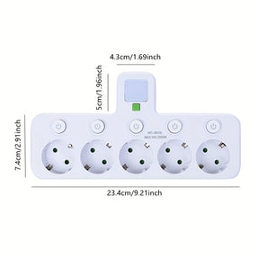 Conversor de tomada EU Plug com 5 saídas, tomada de parede multiporta com interruptor independente e adaptador de luz noturna pequena