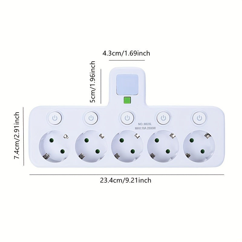 Conversor de tomada EU Plug com 5 saídas, tomada de parede multiporta com interruptor independente e adaptador de luz noturna pequena