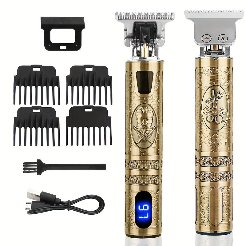 Kit de Cortador de Cabelo e Barba Sem Fio YAIAWISU para Homens - Dourado, Recarregável por USB com Display LCD, Lâmina T Precisa, Inclui Pentes Guia & Acessórios, Bateria de 600mAh, Aparador de Cabelo Recarregável