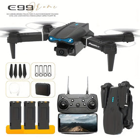 O Drone E99 Possui Duas Câmeras, Suporte Wi-Fi, Controlo por Aplicação e Posicionamento por Fluxo Óptico com Manutenção de Altitude, O que o Torna Perfeito para Iniciantes. Tem Carregamento USB, Opções para Duas ou Três Baterias e é um Quadricóptero Remot