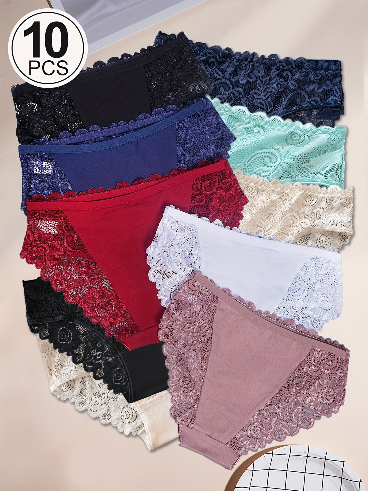 10peças Cuecas de Renda Floral para Mulheres - Confortáveis Cuecas de Cintura Média com Acabamento de Renda Contrastante, Cuecas Macias para Uso Diário e Intimista, Roupa Íntima | Cuecas com Padrão Floral | Triângulo de Renda Delicado