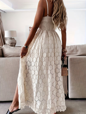 Elegantes overal femininos de renda - Decote em V, comprimento longo, cor sólida, sem mangas, para todas as estações, moda adulta|Elegância em V|Detalhes de renda intricados, vestido de renda