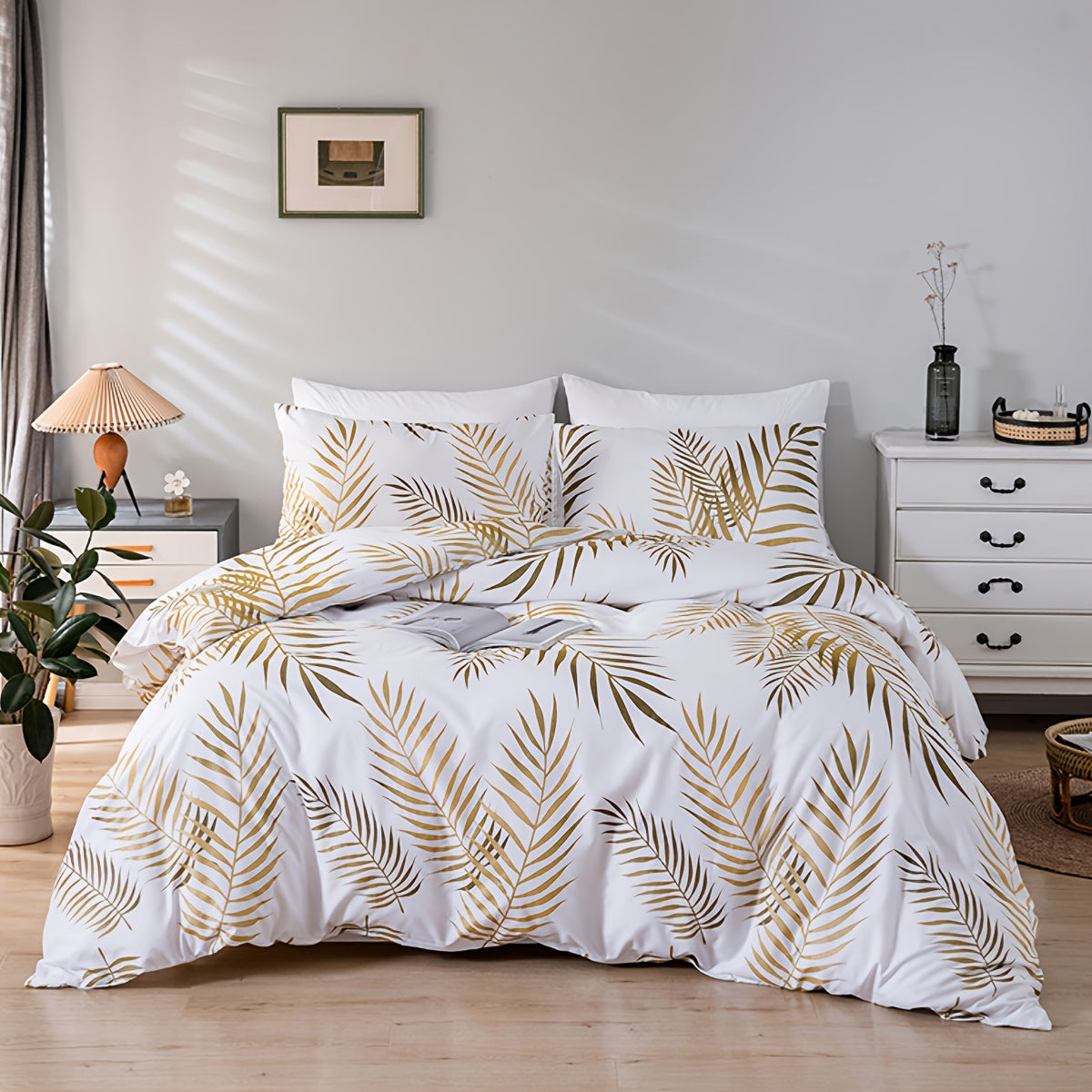 Conjunto De Capa De Edredom De Poliéster De 3 Peças (1 * Capa De Edredom + 2 * Fronha, Sem Núcleo), Conjunto De Cama Com Estampa De Folha Dourada Da Moda, Capa De Edredom Macia, Confortável E Respirável, Para Quarto, Quarto De Hóspedes