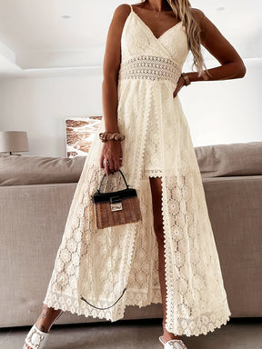 Elegantes overal femininos de renda - Decote em V, comprimento longo, cor sólida, sem mangas, para todas as estações, moda adulta|Elegância em V|Detalhes de renda intricados, vestido de renda