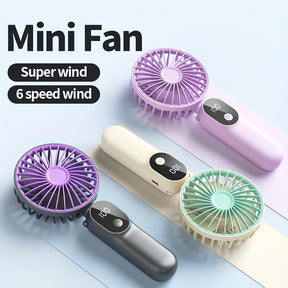 Mini Ventilador USB Portátil com 6 Velocidades e Display Digital - Ventilador Portátil Dobrável 3 em 1 para Viagem, Praia e Uso ao Ar Livre - Bateria de Lítio Recarregável, Essenciais de Viagem | Estética Moderna | Design Compacto, Ventiladores Portáteis
