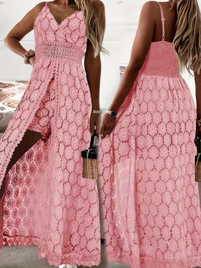 Elegantes overal femininos de renda - Decote em V, comprimento longo, cor sólida, sem mangas, para todas as estações, moda adulta|Elegância em V|Detalhes de renda intricados, vestido de renda