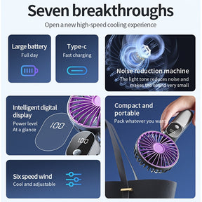 Mini Ventilador USB Portátil com 6 Velocidades e Display Digital - Ventilador Portátil Dobrável 3 em 1 para Viagem, Praia e Uso ao Ar Livre - Bateria de Lítio Recarregável, Essenciais de Viagem | Estética Moderna | Design Compacto, Ventiladores Portáteis