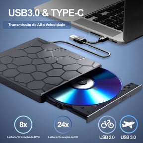 Lecteur et graveur externe CD/DVD USB 3.0 ultrafin 8 en 1
