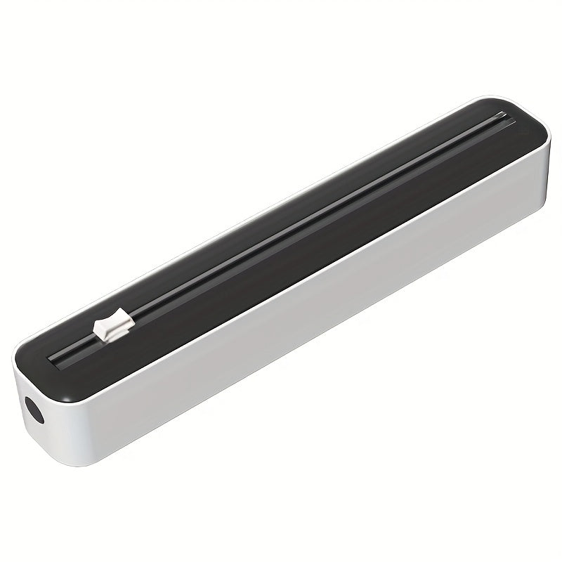 Dispensador e Cortador de Filme Fresco de Ação Dupla - Seladora Multifuncional para Plástico, Papel Alumínio e Folhas de Cera - Máquina de Embalagem Reutilizável com Detalhes em Laranja - Design Elegante Branco e Preto, Ferramenta de Cozinha | Construção