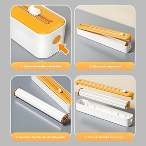 Dispensador e Cortador de Filme Fresco de Ação Dupla - Seladora Multifuncional para Plástico, Papel Alumínio e Folhas de Cera - Máquina de Embalagem Reutilizável com Detalhes em Laranja - Design Elegante Branco e Preto, Ferramenta de Cozinha | Construção