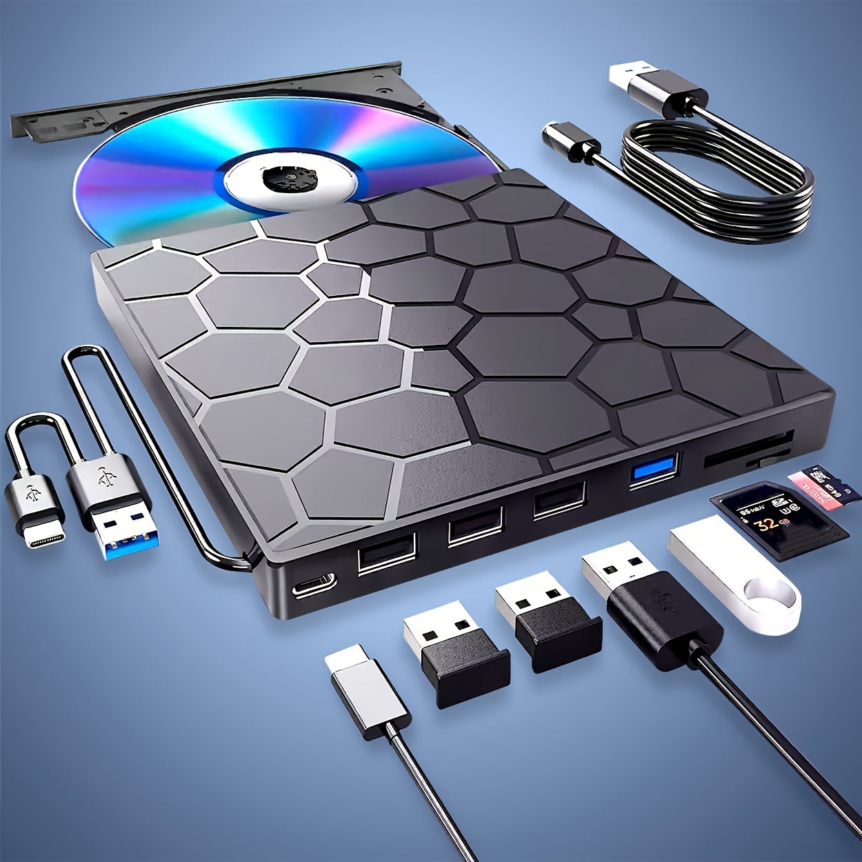 Lecteur et graveur externe CD/DVD USB 3.0 ultrafin 8 en 1