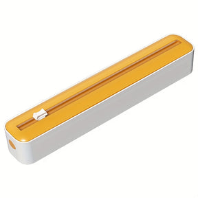 Dispensador e Cortador de Filme Fresco de Ação Dupla - Seladora Multifuncional para Plástico, Papel Alumínio e Folhas de Cera - Máquina de Embalagem Reutilizável com Detalhes em Laranja - Design Elegante Branco e Preto, Ferramenta de Cozinha | Construção