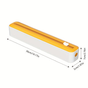 Dispensador e Cortador de Filme Fresco de Ação Dupla - Seladora Multifuncional para Plástico, Papel Alumínio e Folhas de Cera - Máquina de Embalagem Reutilizável com Detalhes em Laranja - Design Elegante Branco e Preto, Ferramenta de Cozinha | Construção
