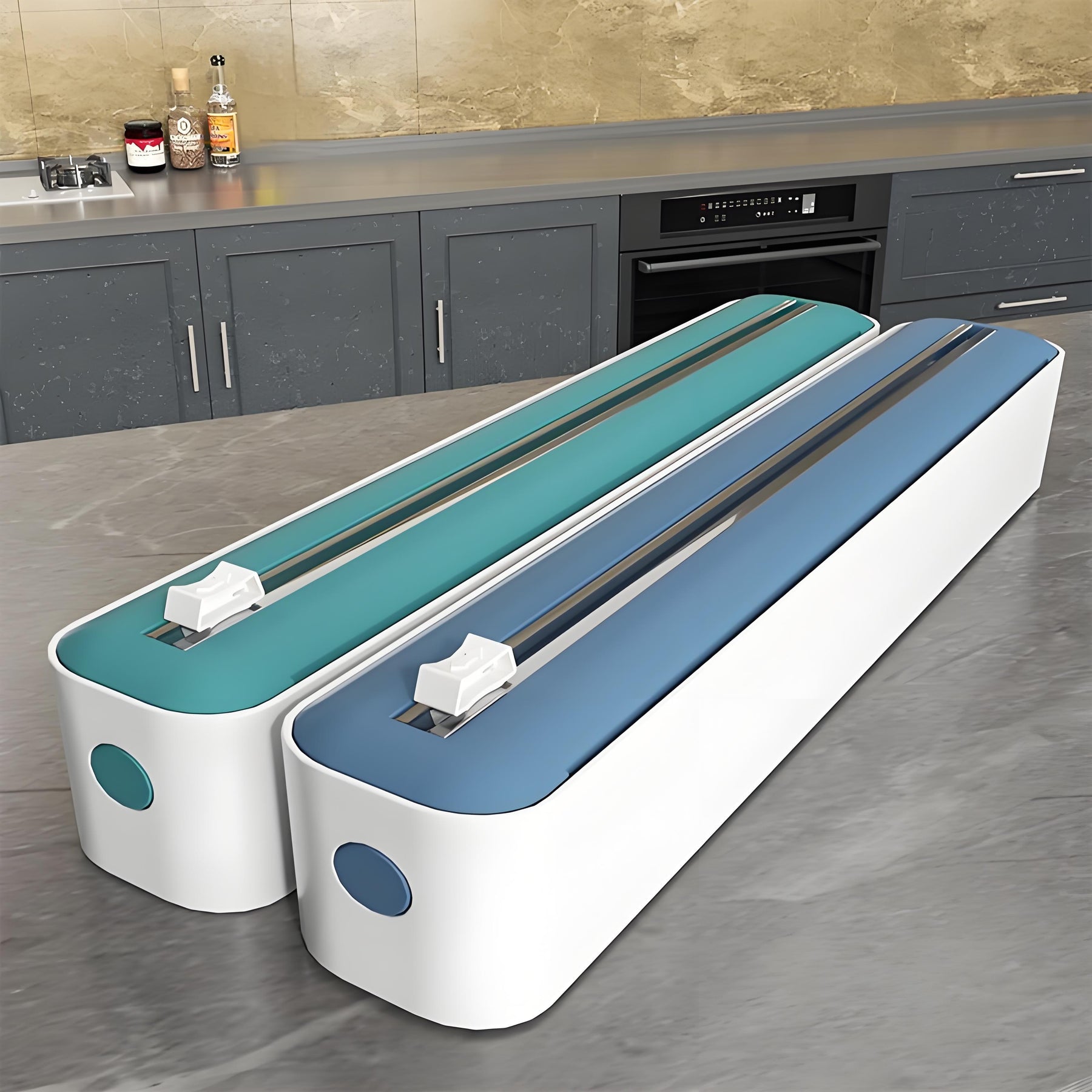 Dispensador e Cortador de Filme Fresco de Ação Dupla - Seladora Multifuncional para Plástico, Papel Alumínio e Folhas de Cera - Máquina de Embalagem Reutilizável com Detalhes em Laranja - Design Elegante Branco e Preto, Ferramenta de Cozinha | Construção