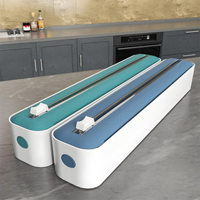 Dispensador e Cortador de Filme Fresco de Ação Dupla - Seladora Multifuncional para Plástico, Papel Alumínio e Folhas de Cera - Máquina de Embalagem Reutilizável com Detalhes em Laranja - Design Elegante Branco e Preto, Ferramenta de Cozinha | Construção