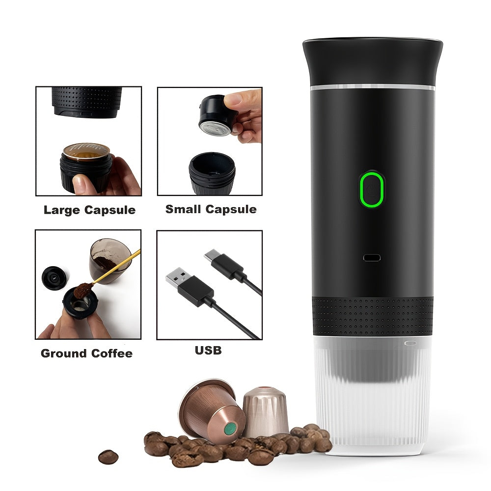 Máquina de Café em Cápsula Compacta 3-em-1 com Carregamento USB Tipo-C, Baixa Voltagem de 72W, Uso Duplo para Cápsulas e Pó de Café, Inclui Copos Pequenos, Ideal para Viagem e Uso Doméstico, Acessórios de Viagem Compactos, Portátil, Automático, para Carro