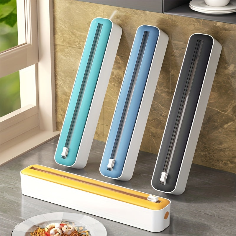 Dispensador e Cortador de Filme Fresco de Ação Dupla - Seladora Multifuncional para Plástico, Papel Alumínio e Folhas de Cera - Máquina de Embalagem Reutilizável com Detalhes em Laranja - Design Elegante Branco e Preto, Ferramenta de Cozinha | Construção