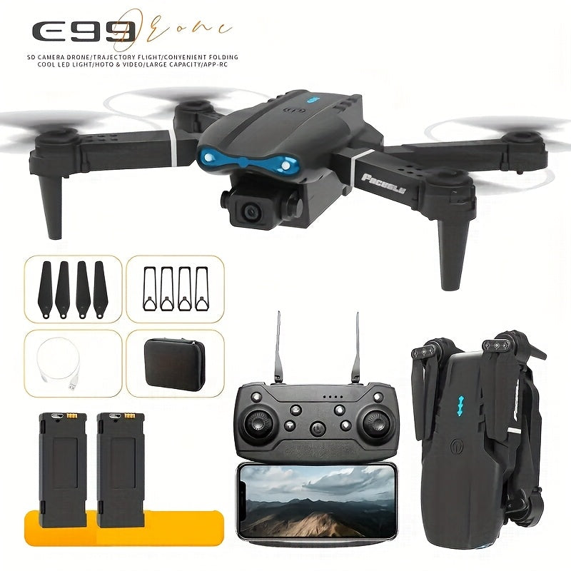 O Drone E99 Possui Duas Câmeras, Suporte Wi-Fi, Controlo por Aplicação e Posicionamento por Fluxo Óptico com Manutenção de Altitude, O que o Torna Perfeito para Iniciantes. Tem Carregamento USB, Opções para Duas ou Três Baterias e é um Quadricóptero Remot