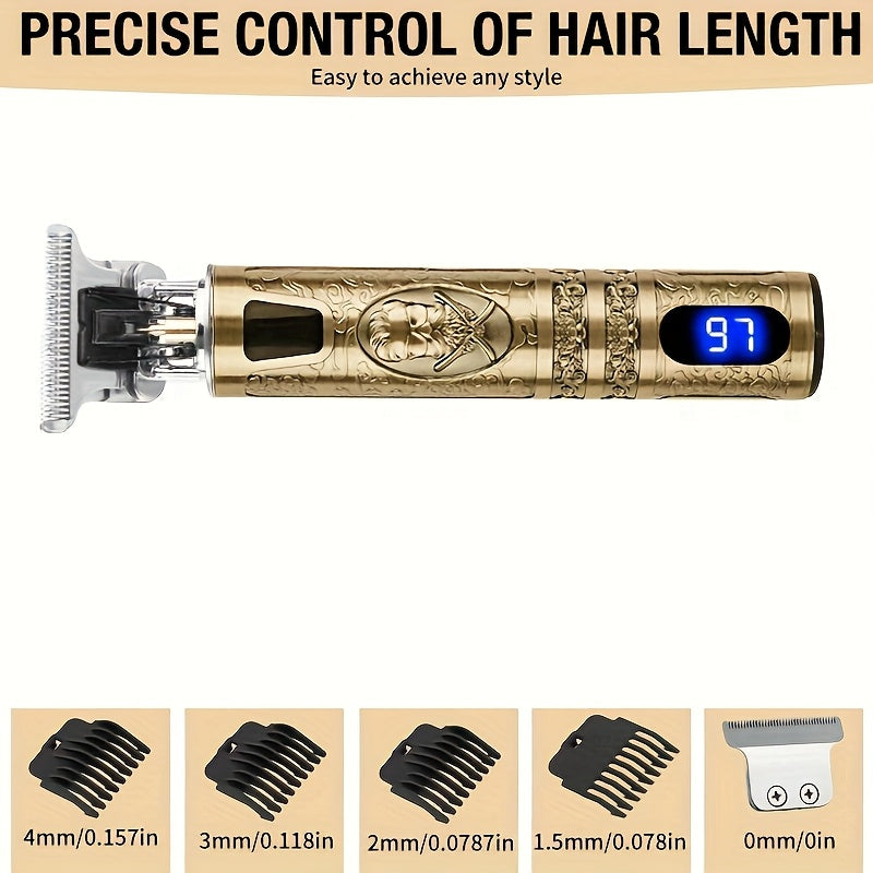 Kit de Cortador de Cabelo e Barba Sem Fio YAIAWISU para Homens - Dourado, Recarregável por USB com Display LCD, Lâmina T Precisa, Inclui Pentes Guia & Acessórios, Bateria de 600mAh, Aparador de Cabelo Recarregável