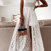 Elegantes overal femininos de renda - Decote em V, comprimento longo, cor sólida, sem mangas, para todas as estações, moda adulta|Elegância em V|Detalhes de renda intricados, vestido de renda