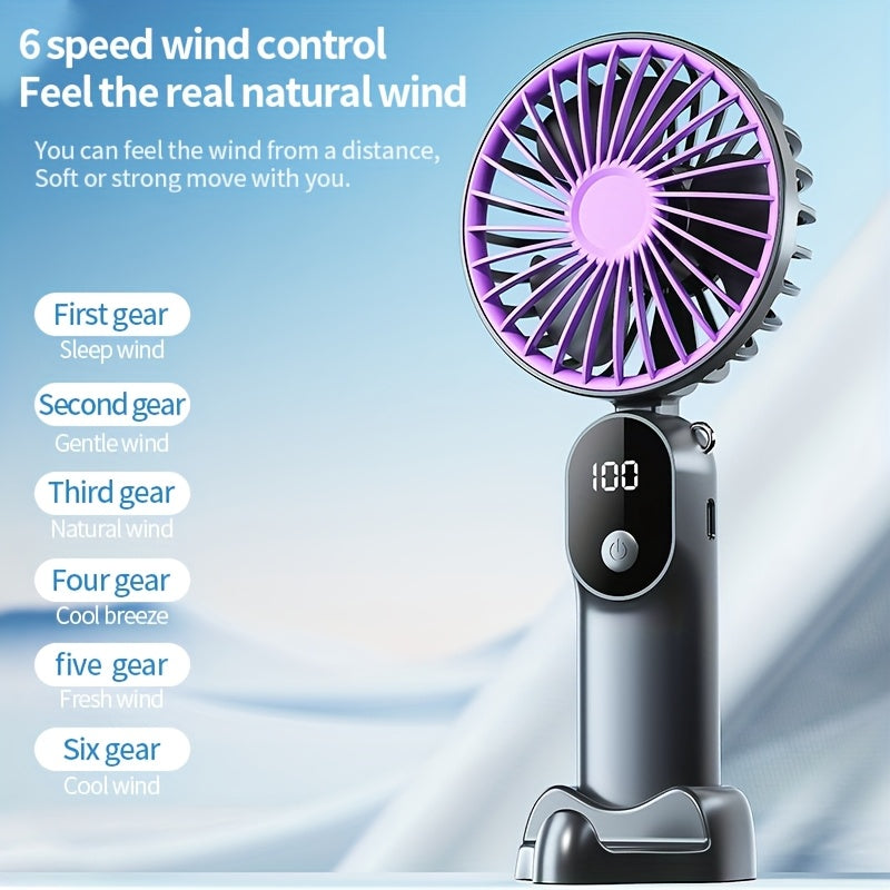 Mini Ventilador USB Portátil com 6 Velocidades e Display Digital - Ventilador Portátil Dobrável 3 em 1 para Viagem, Praia e Uso ao Ar Livre - Bateria de Lítio Recarregável, Essenciais de Viagem | Estética Moderna | Design Compacto, Ventiladores Portáteis
