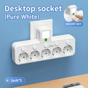 Conversor de tomada EU Plug com 5 saídas, tomada de parede multiporta com interruptor independente e adaptador de luz noturna pequena