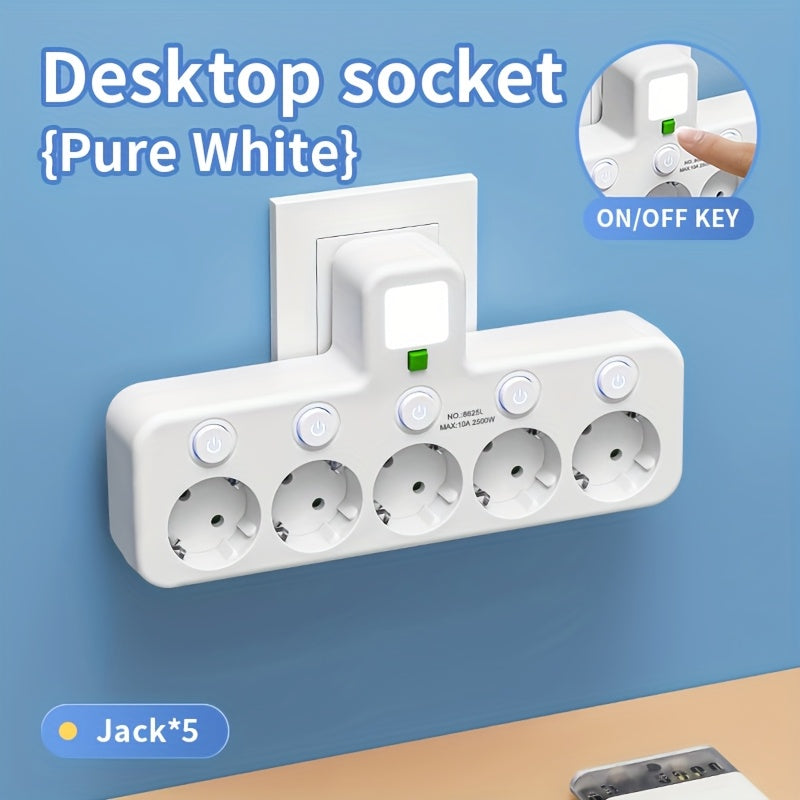 Conversor de tomada EU Plug com 5 saídas, tomada de parede multiporta com interruptor independente e adaptador de luz noturna pequena