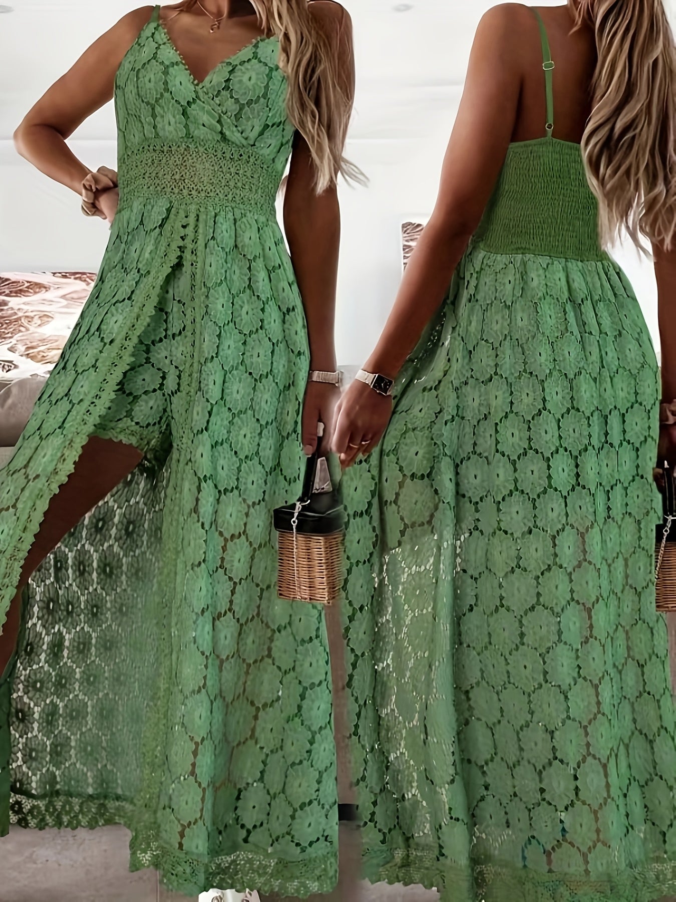 Elegantes overal femininos de renda - Decote em V, comprimento longo, cor sólida, sem mangas, para todas as estações, moda adulta|Elegância em V|Detalhes de renda intricados, vestido de renda